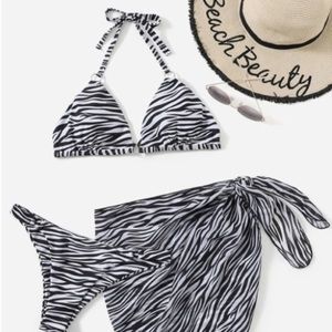 3 Piece Zebra Animal Print Bikini Swim Suit & Beach Skirt